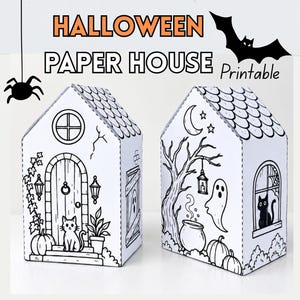 Peut inclure: Deux maisons en papier blanc avec des illustrations au trait noir pour Halloween. Le texte HALLOWEEN PAPER HOUSE Printable est affiché au-dessus. Les motifs incluent un chat, des citrouilles, un fantôme, un chaudron et une lune.