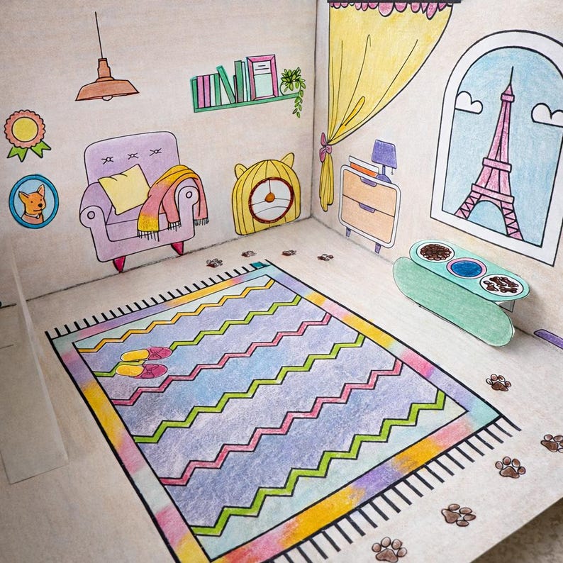 May include: A colorful, hand-drawn diorama of a room, featuring a purple armchair, a zigzag patterned rug, and a window with the Eiffel Tower. A cat bowl and paw prints are also visible, suggesting a pet-friendly theme.