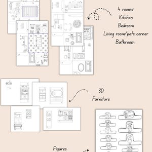 May include: An illustration showing a set of paper dollhouse components. The image includes outlines of four rooms: kitchen, bedroom, living room/pets corner, and bathroom. Also included are 3D furniture and figures. Text reads "This is what you get."