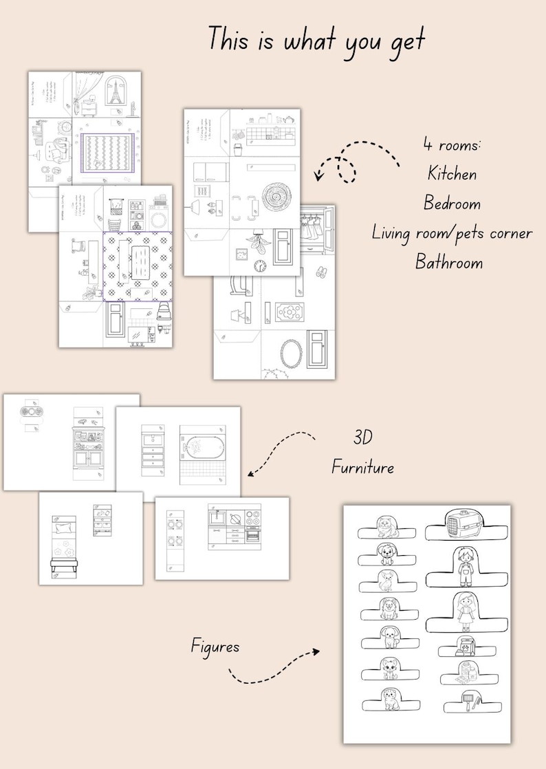May include: An illustration showing a set of paper dollhouse components. The image includes outlines of four rooms: kitchen, bedroom, living room/pets corner, and bathroom. Also included are 3D furniture and figures. Text reads "This is what you get."