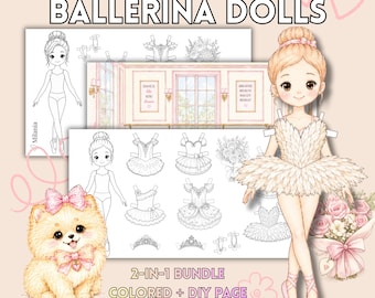 Utskrivbara ballerinapappersdockapaket | Balettklädselset | Målarbilder + Lekklara dockor | Direktnedladdning