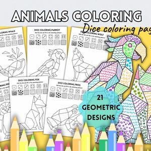 以下が含まれることがあります： ANIMALS COLORINGおよびDice coloring pagesと題された塗り絵のコレクション。クジラ、オウム、オオカミ、キツネ、ペンギン、カエルなどの幾何学的な動物の輪郭が描かれています。各ページには、サイコロを使ったパターンマッチングのアクティビティが含まれています。