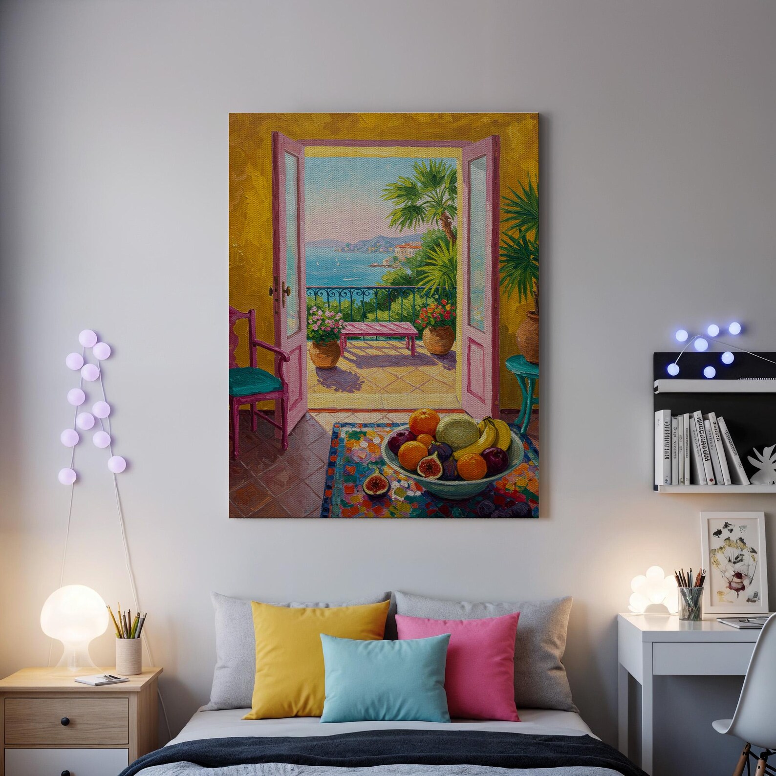 Mediterranean View Canvas Wall Art, Colorful Interior With Sea Balcony ...