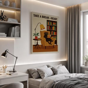 Take a Break and Read Wall Art, Cozy Cat Reading Print, Framed Canvas Poster for Book Lovers, Vintage Style Decor for Library or Study Nook