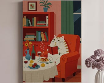 Cat Canvas Art, Funny Wall Decor, Animal Painting Print, Framed Canvas Art, Modern Wall Decor, Large Cat Canvas Illustration