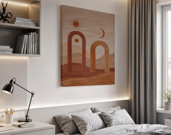 Puede incluir: Una obra de arte en lienzo rectangular con un diseño de paisaje minimalista. La obra de arte representa un sol y una luna creciente sobre formas arqueadas en tonos marrones y naranjas. La obra de arte se exhibe en un dormitorio.