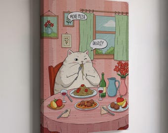 Cat Canvas Art, Funny Wall Decor, Kitchen Painting Print, Framed Canvas Art, Modern Wall Decor, Large Cat Canvas Illustration