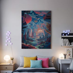 Framed Sci Fi Landscape Canvas Wall Art, Surreal Alien Planet Print with Red Moons and Futuristic Towers, Gift for Space and Fantasy Fans