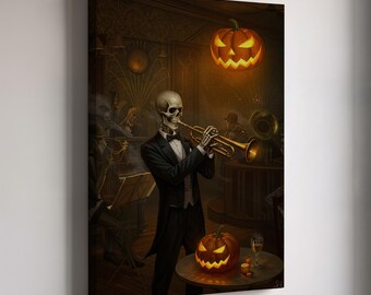 Skelett Jazz Musiker, Halloween Leinwand Wandkunst, Gruselige Skelett Band Druck, Gothic Jazz Club Kürbis Leinwand, Haunted Wanddekoration
