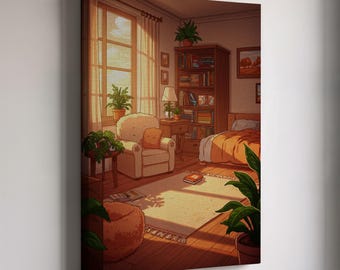 Könnte beinhalten: Leinwanddruck, der eine gemütliche Schlafzimmerszene darstellt. Das Kunstwerk zeigt ein Fenster mit Sonnenlicht, einen bequemen Sessel, ein Bücherregal und Topfpflanzen. Die Farbpalette umfasst warme Töne von Orange, Braun und Beige, was eine entspannende Atmosphäre schafft.