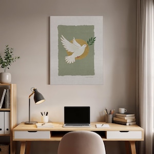 Peace Dove Canvas Wall Art with Olive Branch and Sun, Minimalist Symbolic Print, Framed or Unframed Gift for Calm and Spiritual Interiors