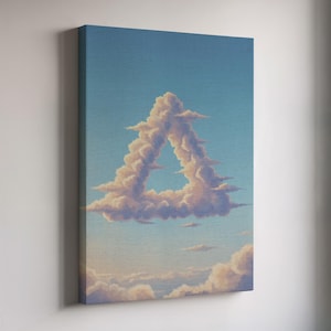 May include: A canvas print featuring a surreal cloudscape. A large triangle shape is formed by fluffy, light-colored clouds against a blue sky. The artwork evokes a sense of dreaminess and wonder, with soft colors and a gentle aesthetic.