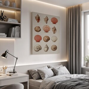 Vintage Seashell Wall Art Print, Coastal Nautical Shell Illustration on Linen Canvas, Beach House Bathroom or Ocean-Inspired Gallery Decor