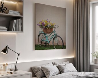 Vintage Bicycle Canvas Wall Art – Floral Basket Retro Bike Print for Cottagecore Decor, Farmhouse Entryway or Shabby Chic Room Accent