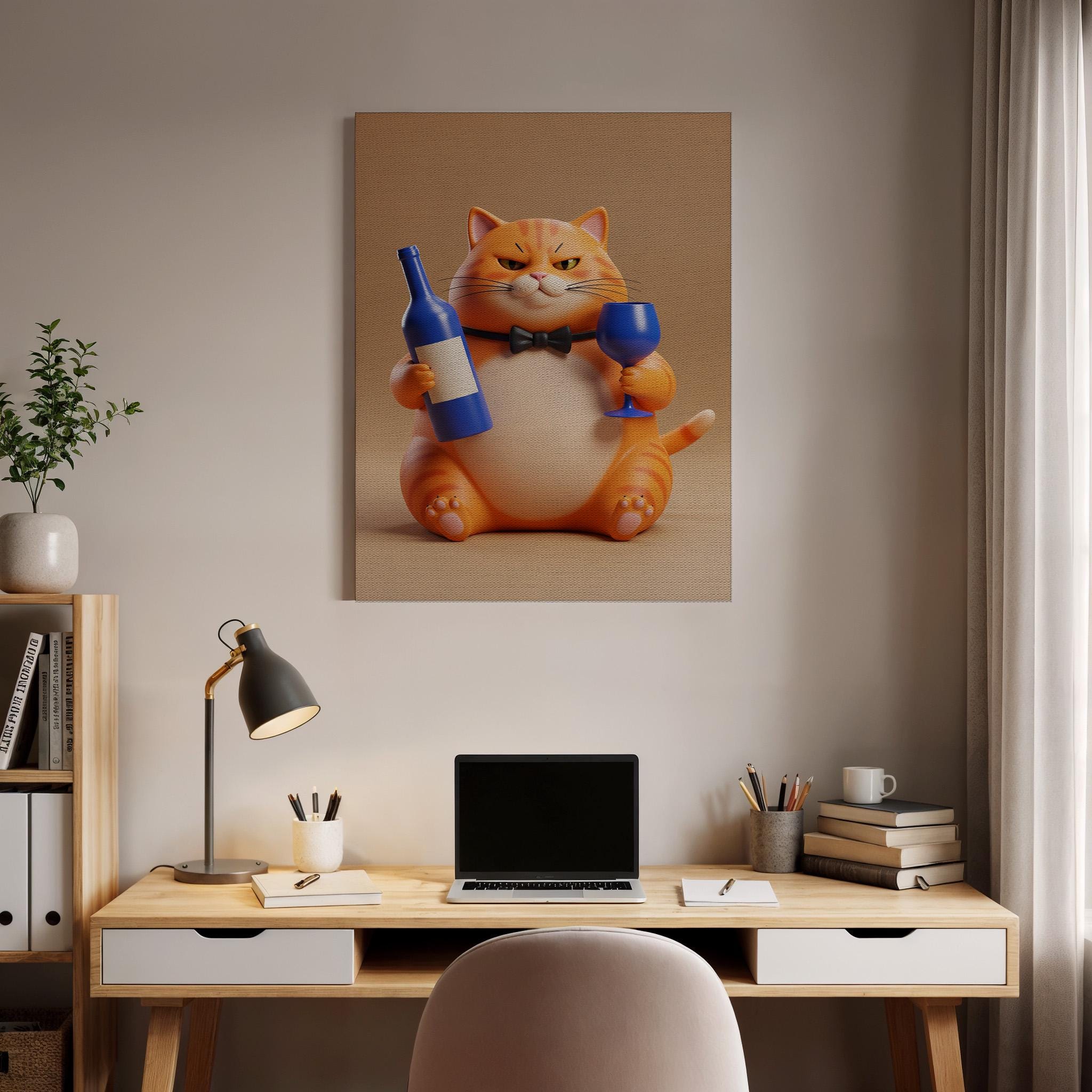 Funny Cat Wine Canvas Wall Art, Orange Tabby With Blue Bottle and Glass ...