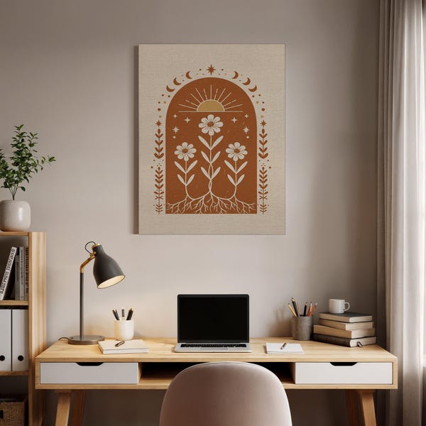 Hemelse bloemen canvas muurkunst met maanstanden en zon, aardse boho botanische print voor slaapkamer, kantoor of spiritueel huisdecor