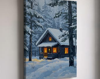 May include: A canvas print of a winter scene featuring a snow-covered cabin nestled among snow-laden pine trees. The cabin's windows glow with warm light, contrasting with the cool blues and whites of the snowy landscape.