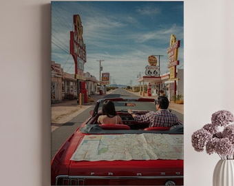 Route 66 Canvas, Retro Car Wall Art, Vintage Road Trip Canvas Print, American Highway Canvas, Travel Adventure Wall Decor