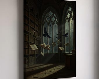 Gothic Haunted Library Canvas, Flying Books and Ravens Wall Art, Dark Fantasy Spooky Window Scene, Halloween Witchy Gothic Decor Print