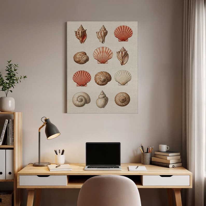 Vintage Seashell Wall Art Print, Coastal Nautical Shell Illustration on Linen Canvas, Beach House Bathroom or Ocean-Inspired Gallery Decor image 5