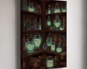 Estantería de pociones de Halloween, lienzo decorativo de boticario de bruja con botellas brillantes y elixires mágicos, lámina decorativa gótica y espeluznante para el hogar