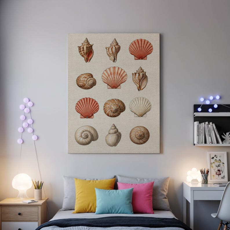 Vintage Seashell Wall Art Print, Coastal Nautical Shell Illustration on Linen Canvas, Beach House Bathroom or Ocean-Inspired Gallery Decor image 4