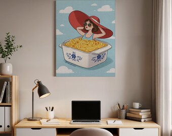 Mac and Cheese Pool Canvas Wall Art, Retro Girl in Casserole Surreal Pop Art, Framed Whimsical Print for Fun Kitchen or Playful Decor