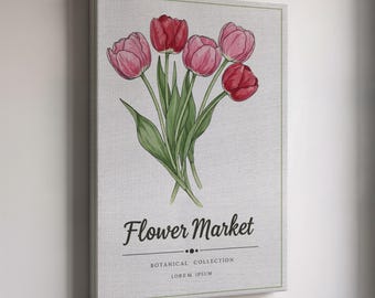 Canvastavla med blomstermarknad, botanisk samling, väggkonst med rosa tulpaner, elegant blommig heminredning, handritat blomtryck, botanisk gåva