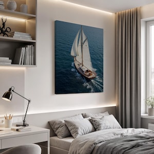 Sailboat Canvas Wall Art, Aerial Ocean View Nautical Decor, Framed Seascape Print for Office or Coastal Home, Tranquil Blue Photography
