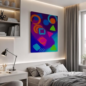 Gerahmte Neon abstrakte Leinwand Wandkunst, bunte geometrische Formen auf tiefem Violett, mutiger zeitgenössischer Druck für moderne Büro oder Kreativzimmer