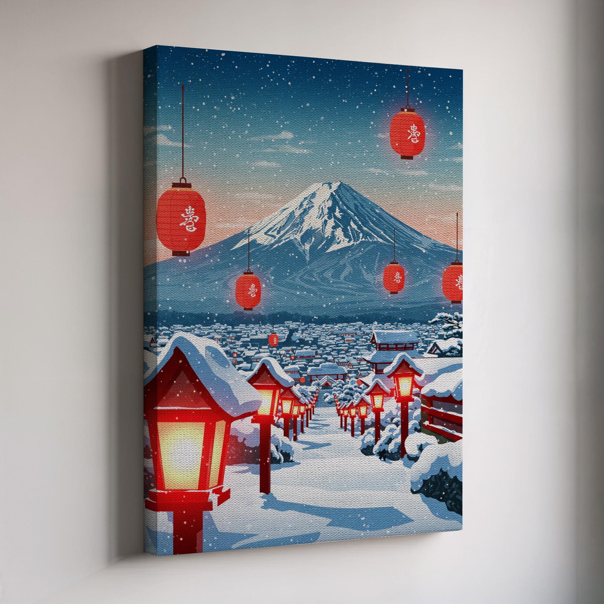 Framed Mount Fuji Winter Canvas, Snowy Lantern Path Japanese Art