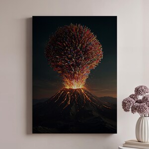 May include: A canvas print showing a volcano erupting with a colourful explosion of pencils. The artwork features a dark, dramatic sky and glowing lava, creating a striking visual contrast. The pencils are a mix of colours, adding vibrancy to the scene.