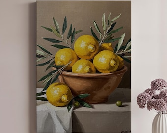Quadro decorativo de limão em tela, decoração de cozinha, decoração de parede com frutas, arte mediterrânea, obra de arte de natureza morta, impressão rústica em tela de frutas amarelas