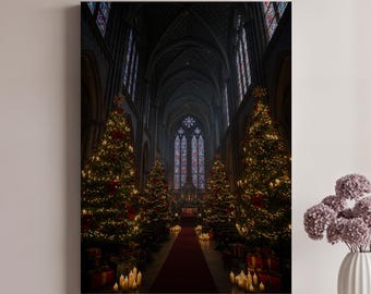 Cathedral Christmas Canvas Wall Art, Magical Holiday Tree Lights, Elegant Winter Decor for Living Room, Entryway or Seasonal Interior