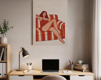 May include: An illustration of a person relaxing on a red and white striped sofa. The person is wearing a red outfit and has red hair. The artwork is displayed on a canvas with a neutral background.