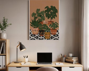 Boho Plant Lover Canvas Wall Art, Illustrated Potted Greenery Print with Earth Tones, Framed Botanical Home Gift for Nature Enthusiasts
