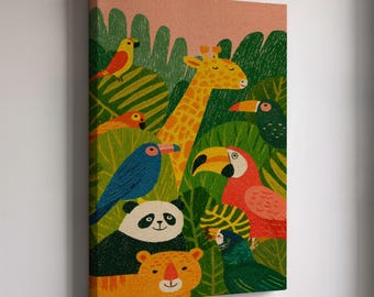 Jungle Animal Nursery Canvas Wall Art, Cute Safari Zoo Friends Print, Framed or Unframed Kids Jungle Poster for Baby Room or Playroom Decor