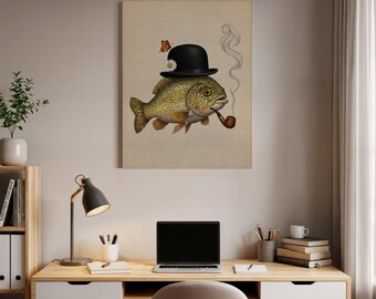 Whimsical Fish Canvas Wall Art with Pipe and Hat, Surreal Animal Illustration Print, Framed or Unframed Funny Gift for Home Office Decor