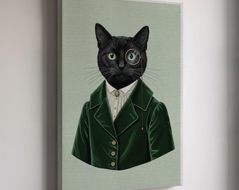 Arte de parede em tela de gato vintage, estampa de gato vestido, pôster engraçado de retrato de animal de estimação, arte de parede em tela, decoração de parede em tela, presente para amantes de gatos