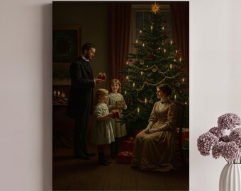 May include: A vintage painting depicts a family gathered around a decorated Christmas tree. A man in a black suit presents gifts to two young girls, while a woman in a long dress sits nearby. The scene is illuminated by candlelight.