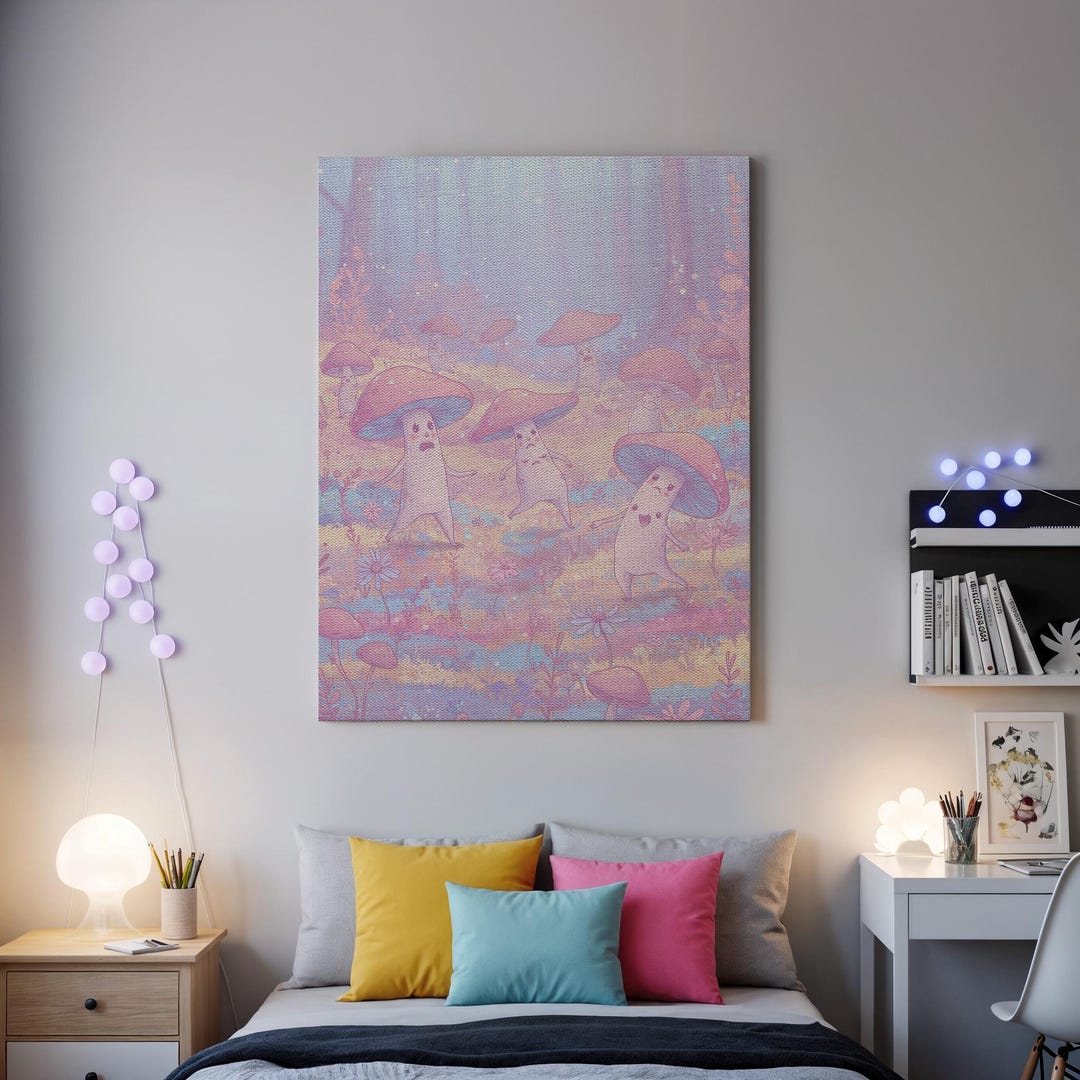 Mushroom Canvas, Cute Fantasy Wall Art, Whimsical Cartoon Art, Magical ...