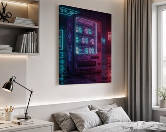May include: Canvas art print of a vending machine with the word "DREAMS" in neon lights. The machine is in a cyberpunk style, with a dark background and neon signs. The vending machine is filled with various bottles.