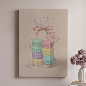 Macaron Wall Art Print, Framed Pastel Cookie Canvas with Gift Bag Illustration, Sweet Dessert Kitchen Decor or Cute Gift for Baker Friend