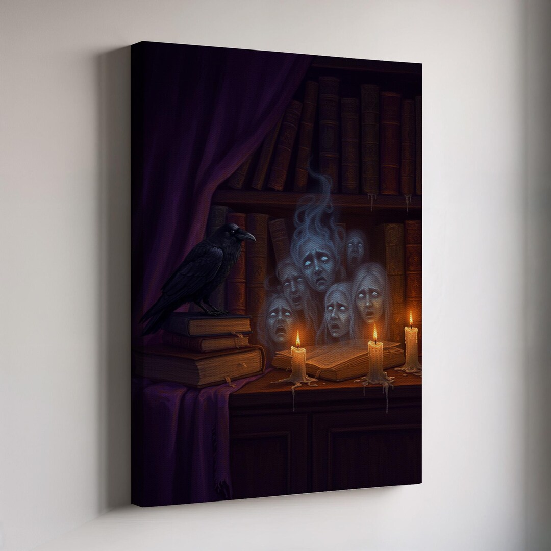 Haunted Library Canvas Wall Art, Gothic Raven and Ghostly Faces ...