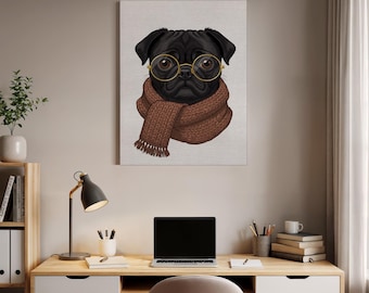 Lienzo decorativo con retrato de perro carlino, un carlino negro con gafas y bufanda, ilustración moderna y caprichosa de mascota, regalo acogedor enmarcado para amantes de los perros.