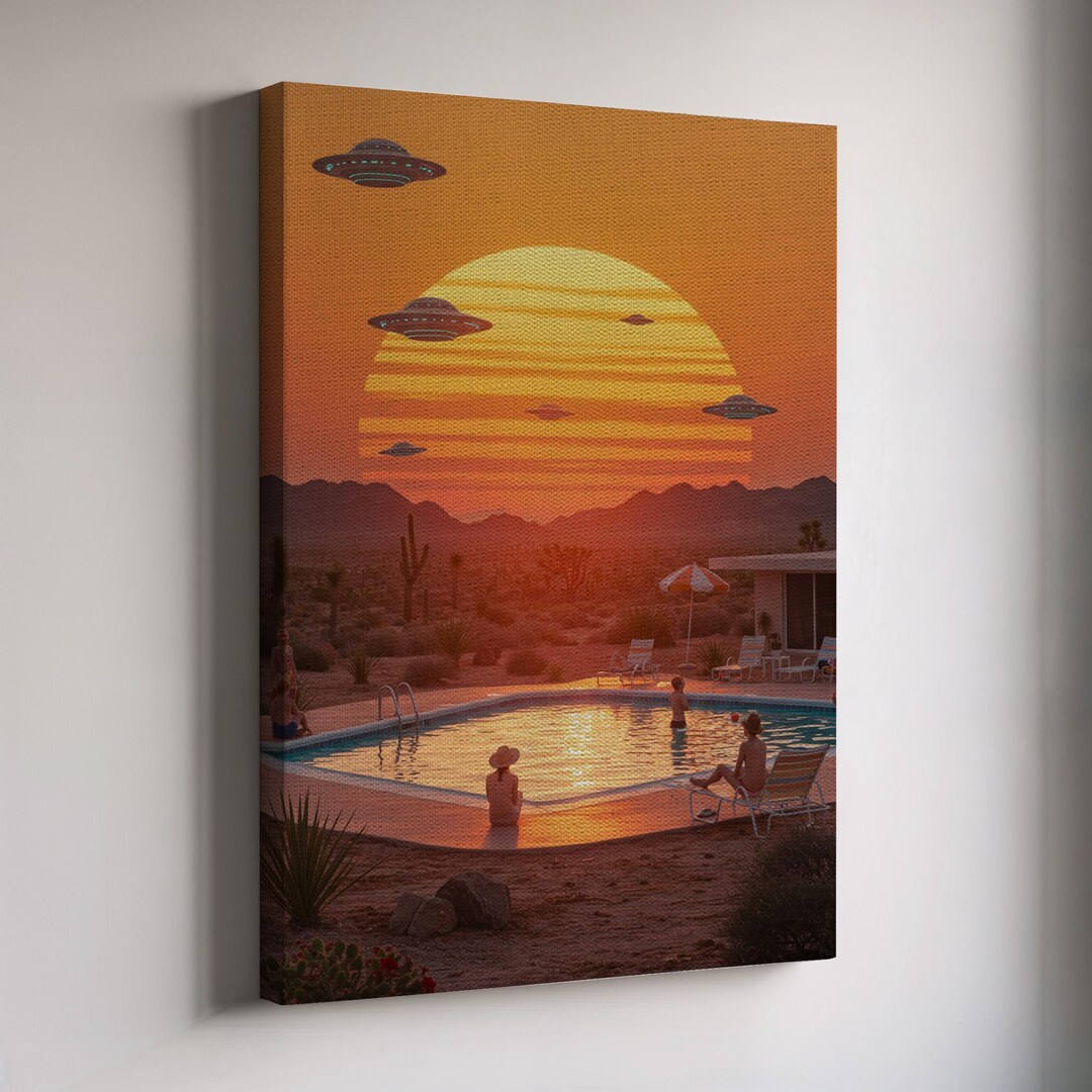 Framed Surreal Sunset Pool Canvas Wall Art, Retro Desert Scene With ...