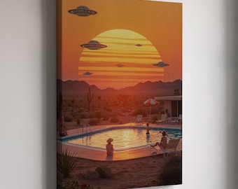 Framed Surreal Sunset Pool Canvas Wall Art, Retro Desert Scene with UFOs and Mountains, Dreamy Sci Fi Print for Eclectic or Retro Decor