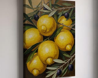 Lemon Canvas Art, Kitchen Wall Decor, Fruit Painting Print, Framed Canvas Art, Mediterranean Wall Decor, Rustic Kitchen Decoration