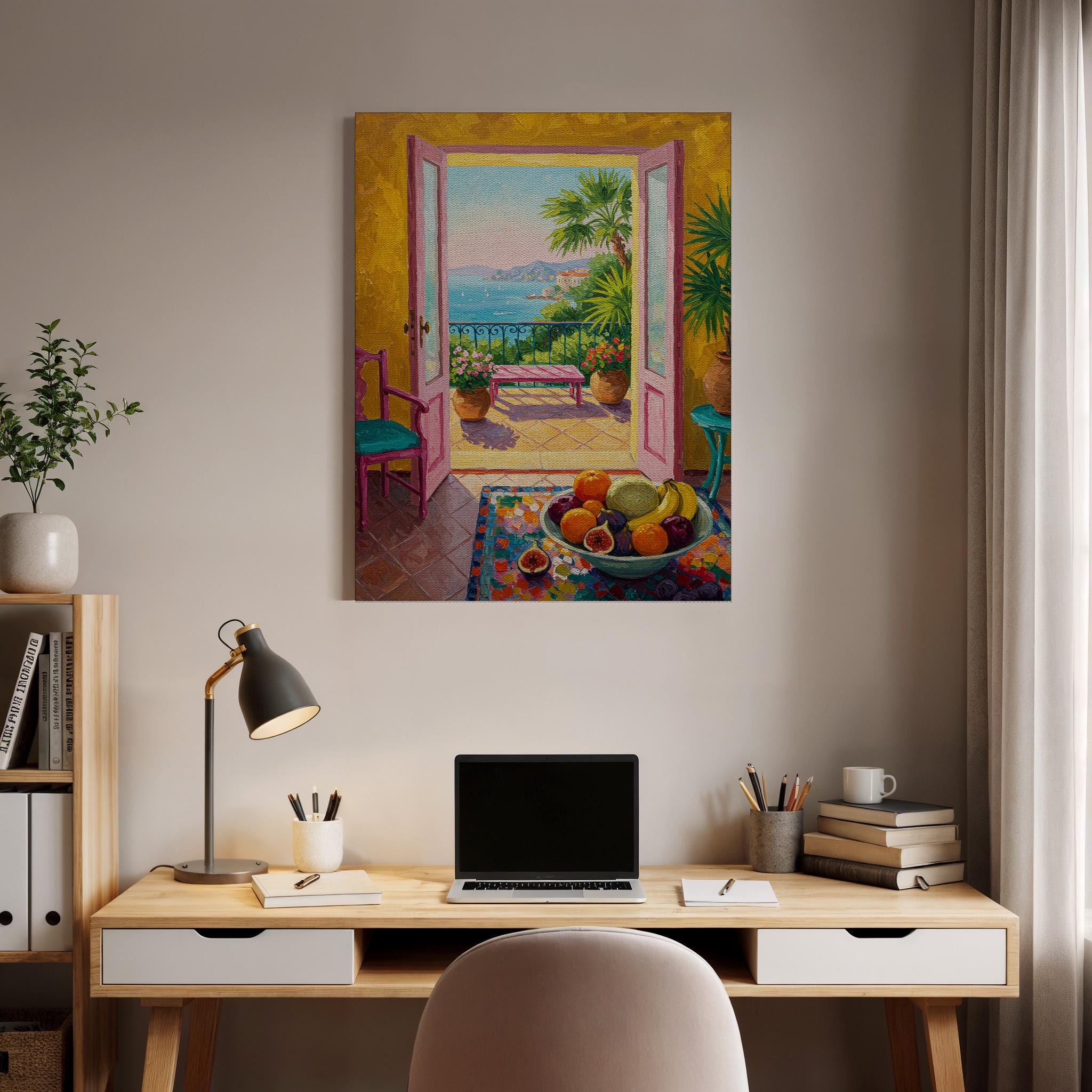 Mediterranean View Canvas Wall Art, Colorful Interior With Sea Balcony ...