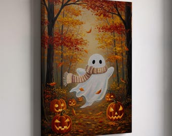 Halloween Ghost in Autumn Forest Canvas Wall Art, Pumpkin Jack-o’-Lantern Print, Spooky Cute Fall Season Decor for Living Room or Gift